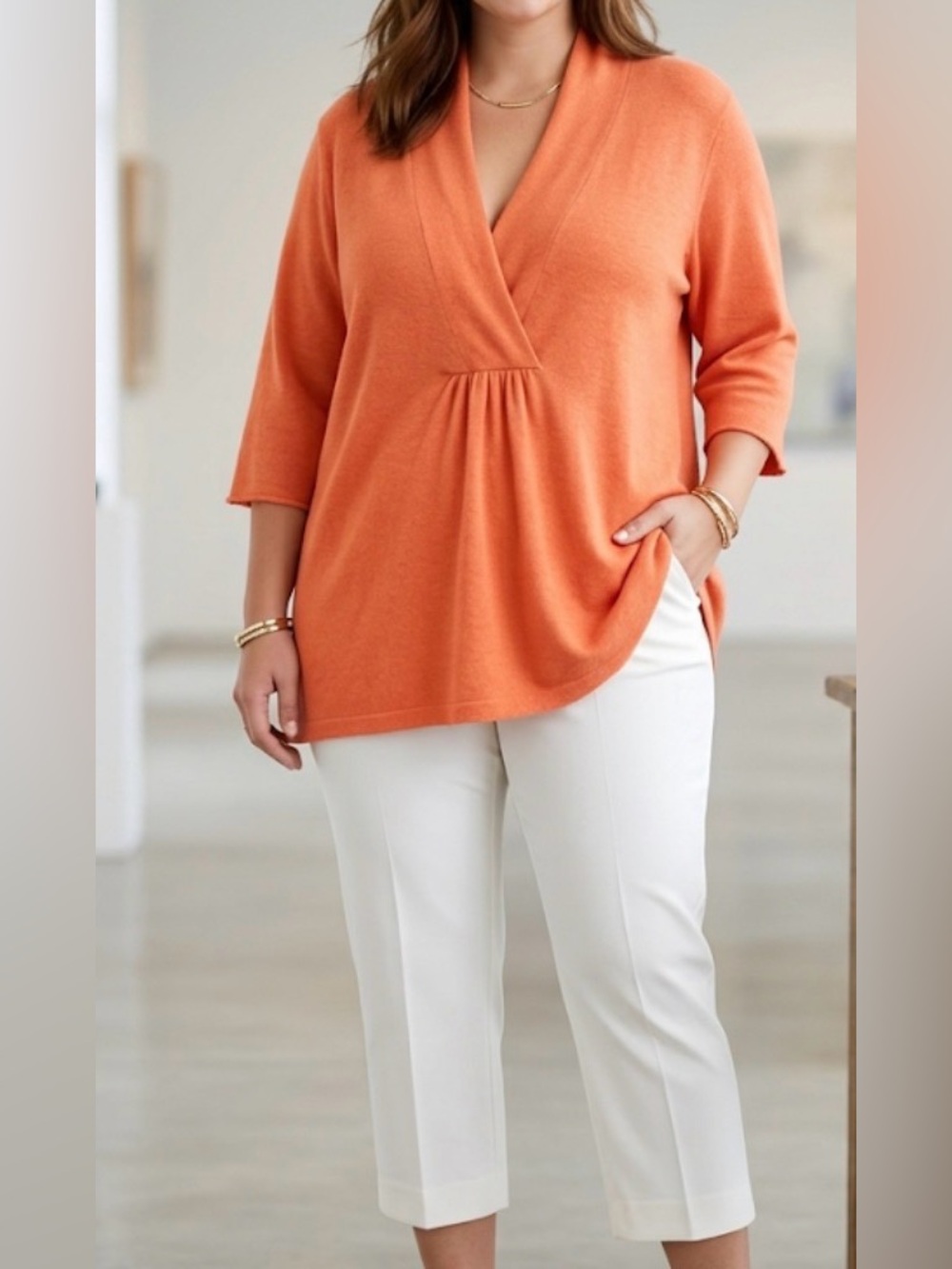 Eileen Fisher Cashmere Blend Orange V Neck Tunic Sweater 1X